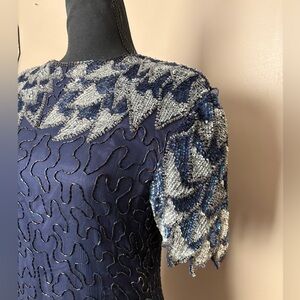 Vintage 80s Swee Lo silk beaded embellished cocktail dress navy blue silver sz M